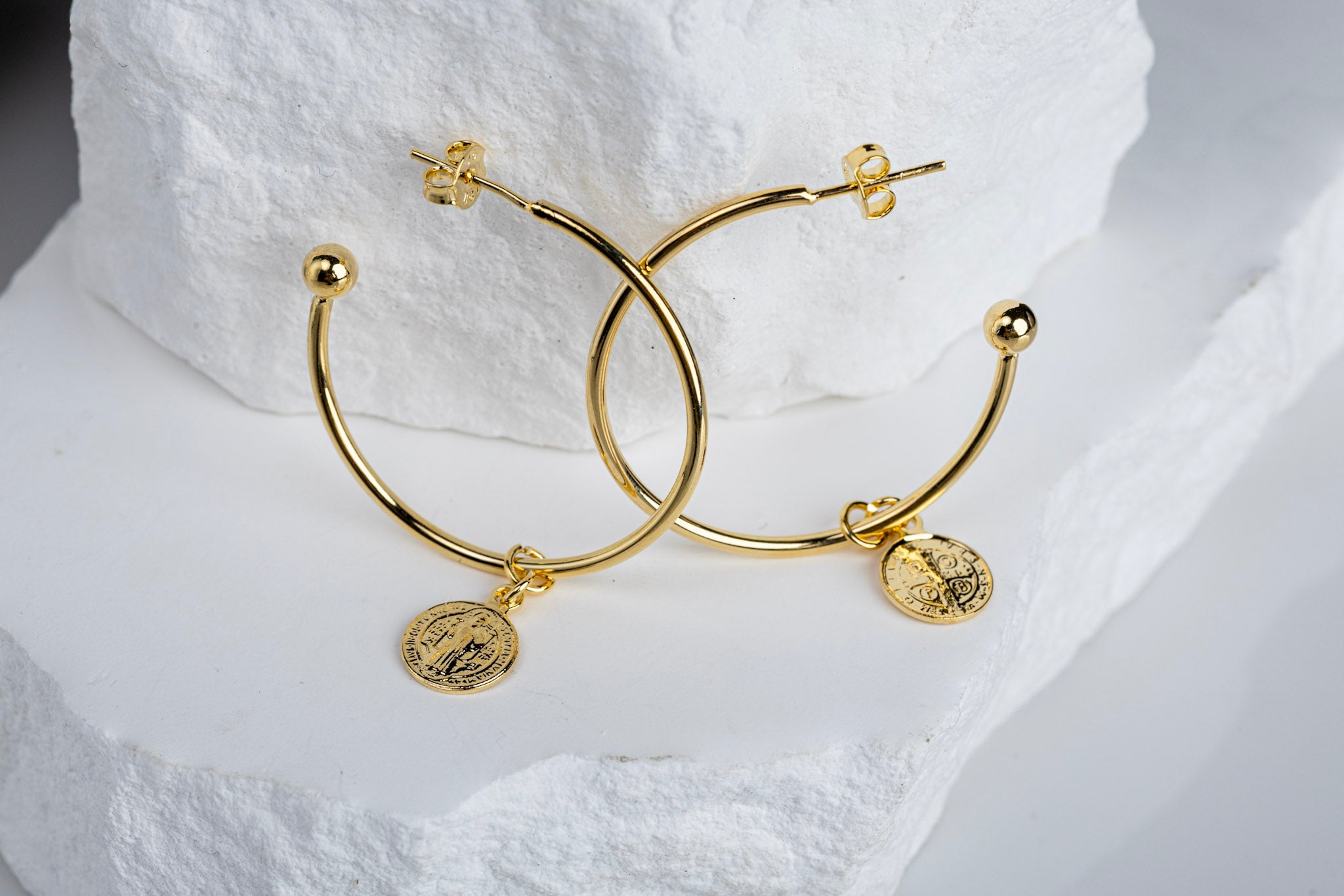18k Gold Filled Saint Benedict C-Hoop Earrings – Spiritual, Elegant & Timeless