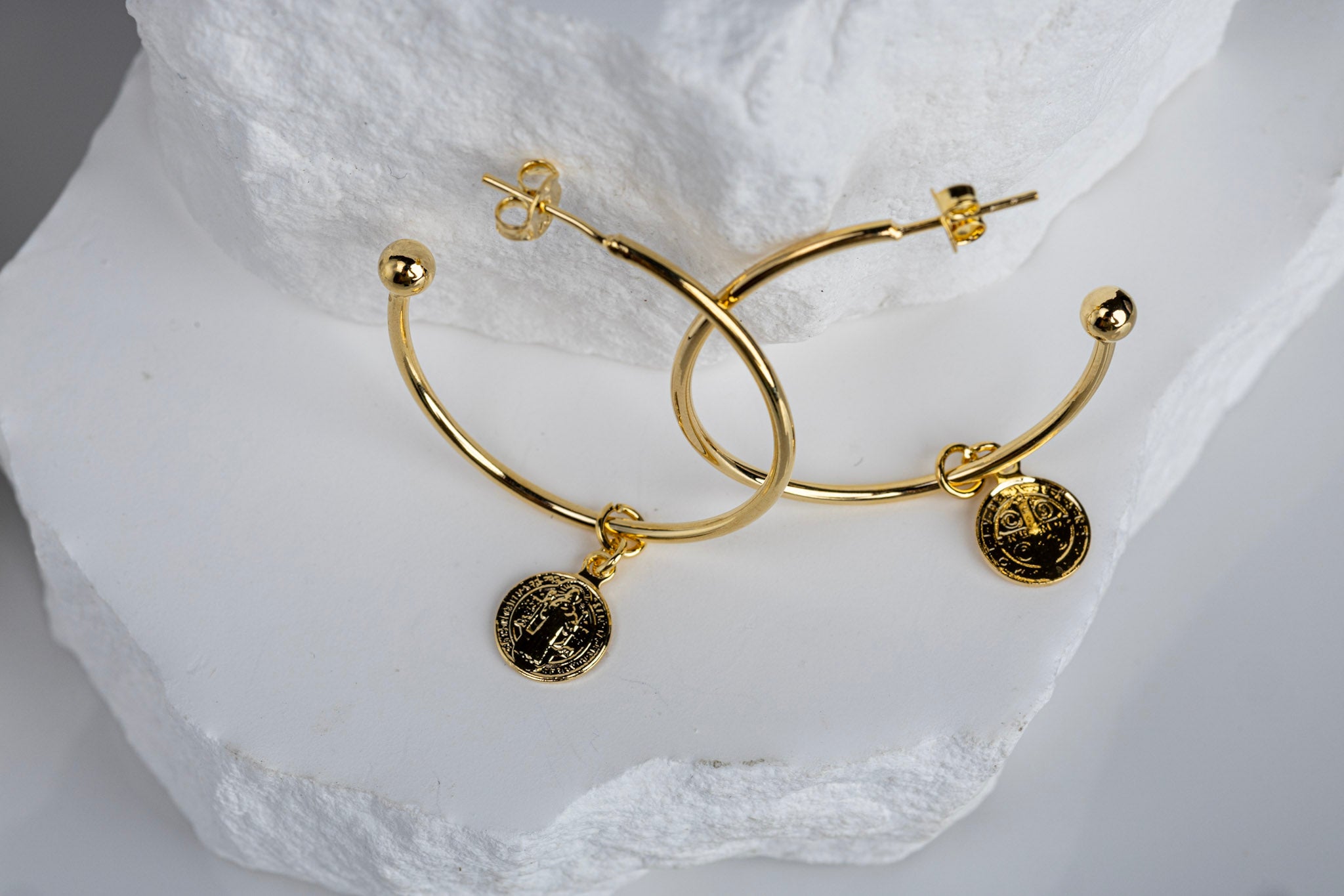 18k Gold Filled Saint Benedict C-Hoop Earrings – Spiritual, Elegant & Timeless