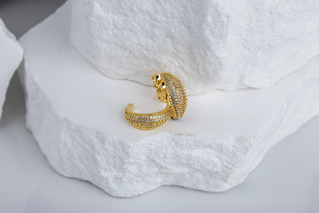 CAMi 18k Gold Filled Micro CZ Curve Earrings – Modern Elegance, Everyday Sparkle
