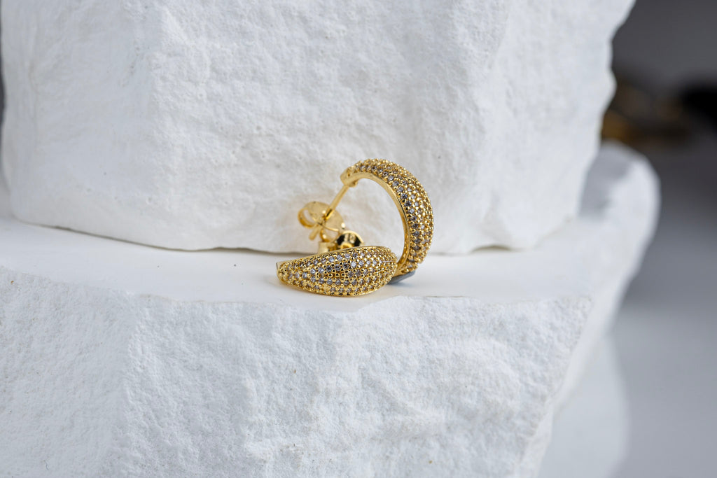 CAMi 18k Gold Filled Micro CZ Curve Earrings – Modern Elegance, Everyday Sparkle
