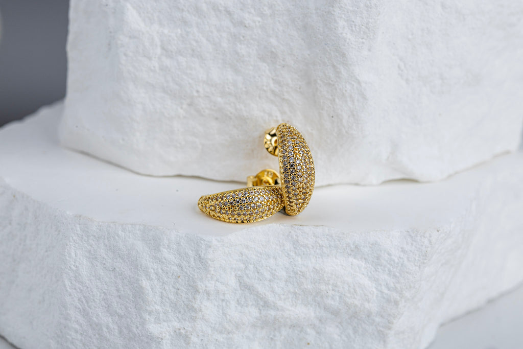 CAMi 18k Gold Filled Micro CZ Curve Earrings – Modern Elegance, Everyday Sparkle