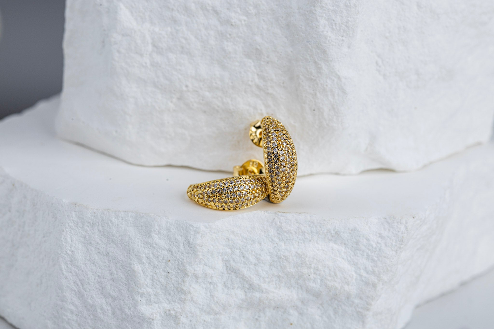 CAMi 18k Gold Filled Micro CZ Curve Earrings – Modern Elegance, Everyday Sparkle