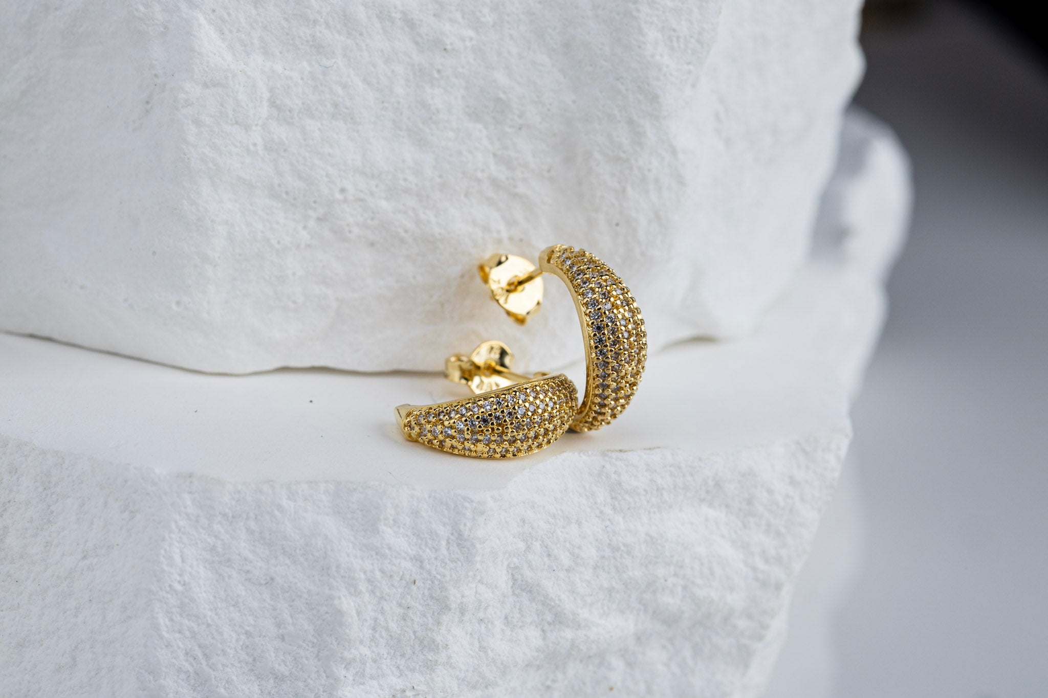 CAMi 18k Gold Filled Micro CZ Curve Earrings – Modern Elegance, Everyday Sparkle