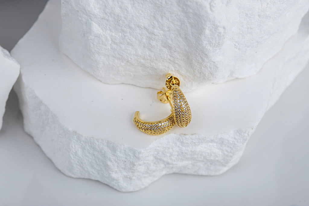 CAMi 18k Gold Filled Micro CZ Curve Earrings – Modern Elegance, Everyday Sparkle