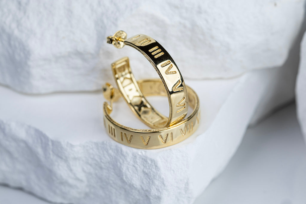18k Gold Filled Roman Numerals C Hoop Earrings18k Gold Filled Roman Numerals C-Hoop Earrings – Timeless Elegance with a Modern Edge