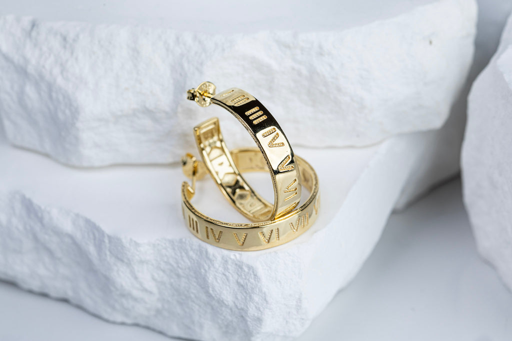 18k Gold Filled Roman Numerals C Hoop Earrings18k Gold Filled Roman Numerals C-Hoop Earrings – Timeless Elegance with a Modern Edge