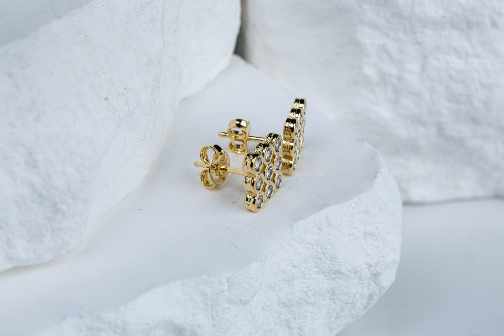 CAMi 18k Gold Filled 3x3 Round Zirconia Square Stud Earrings – Minimalist, Sparkling & Unique