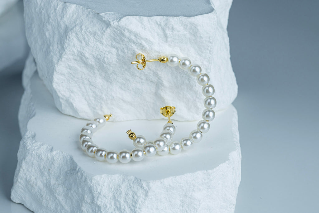 18k Gold Filled 35mm Simulated Pearl Beaded Half-Hoop Earrings – Bold, Feminine & Sophisticated