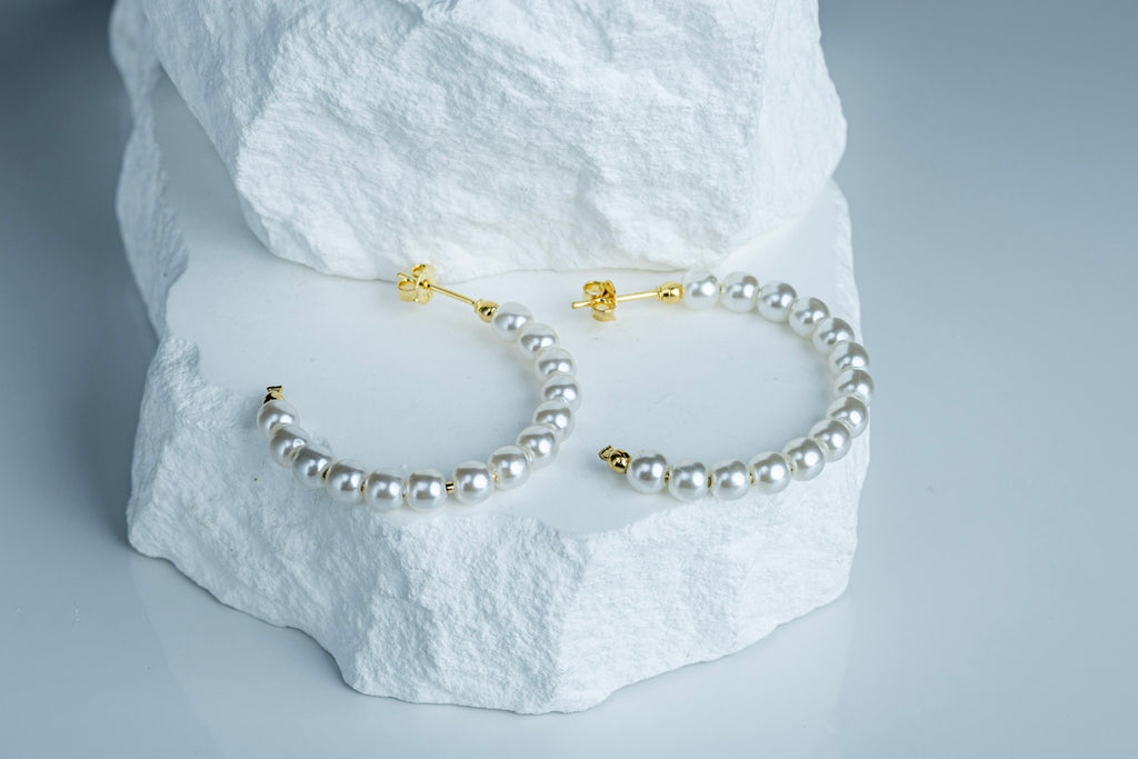 18k Gold Filled 35mm Simulated Pearl Beaded Half-Hoop Earrings – Bold, Feminine & Sophisticated