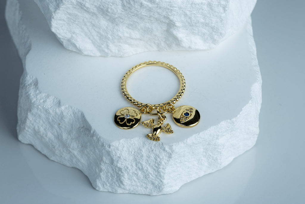 18k Gold Filled Protection Charms Ring – Clover, Dove & Evil Eye | Handcrafted in Brazil