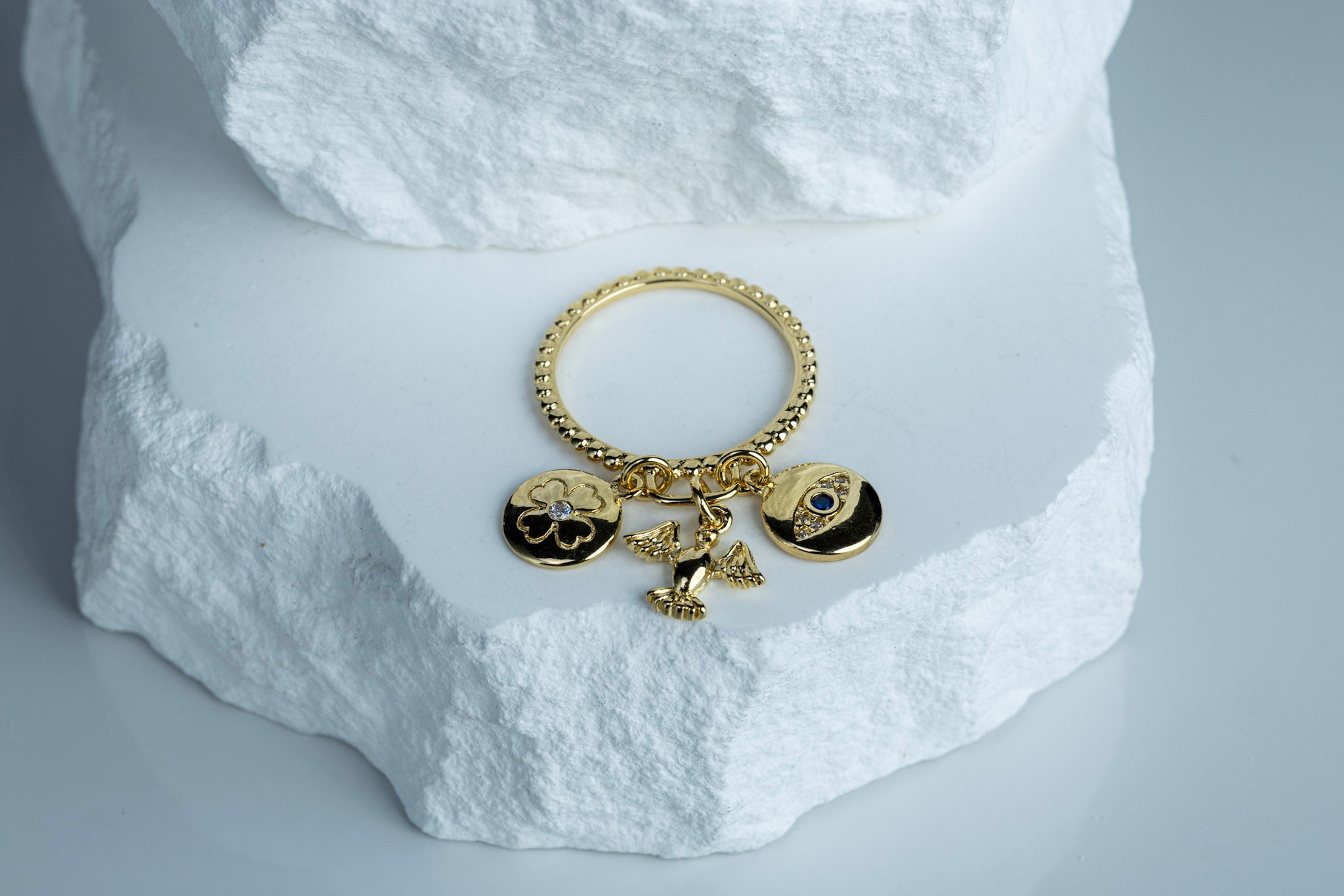 18k Gold Filled Protection Charms Ring – Clover, Dove & Evil Eye | Handcrafted in Brazil