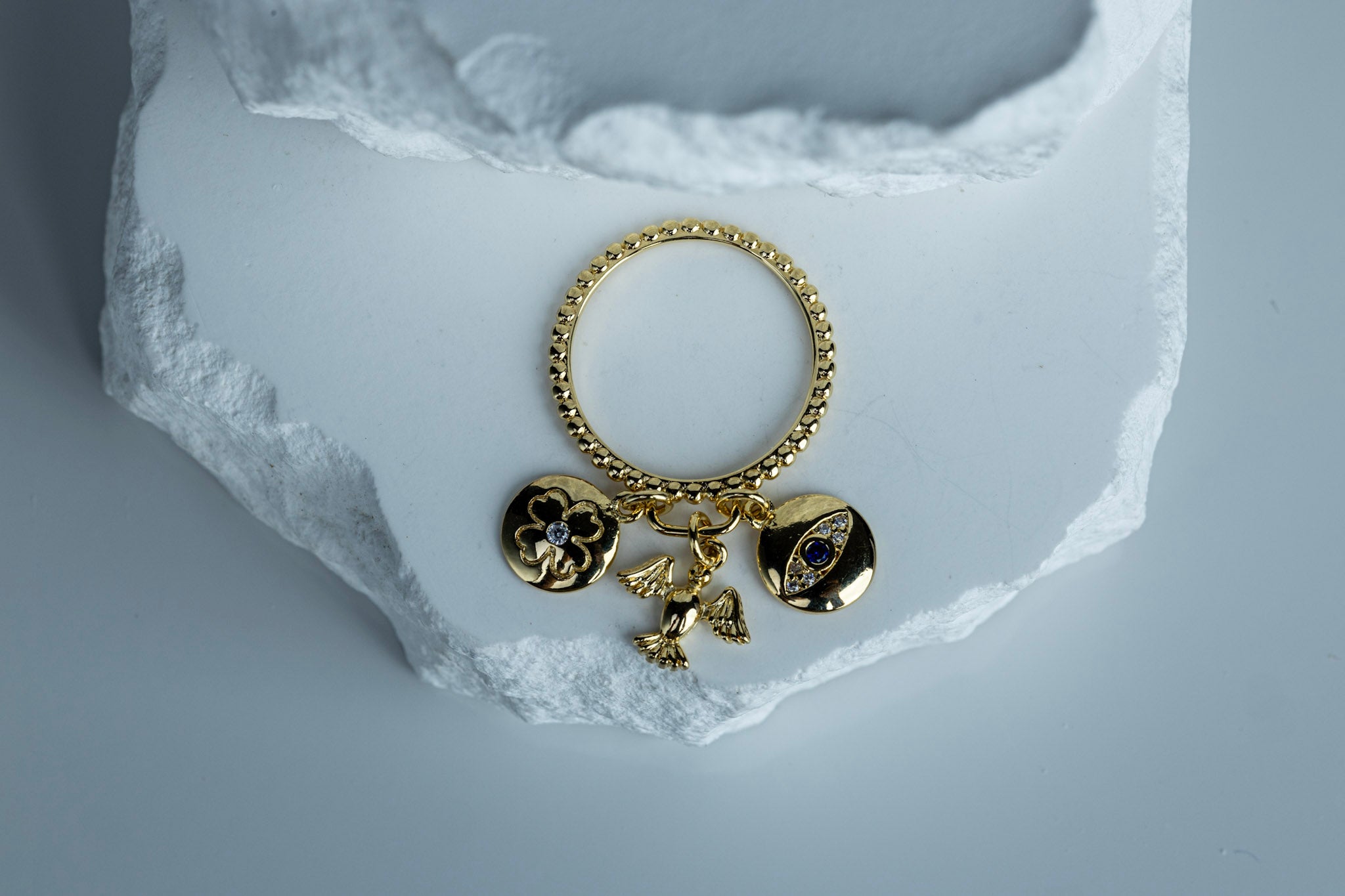 18k Gold Filled Protection Charms Ring – Clover, Dove & Evil Eye | Handcrafted in Brazil