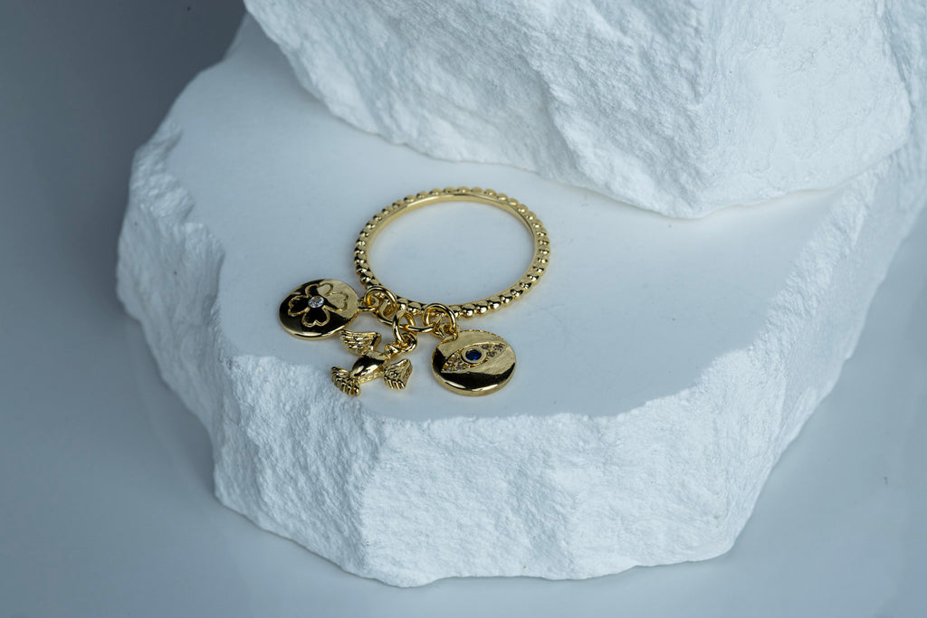 18k Gold Filled Protection Charms Ring – Clover, Dove & Evil Eye | Handcrafted in Brazil