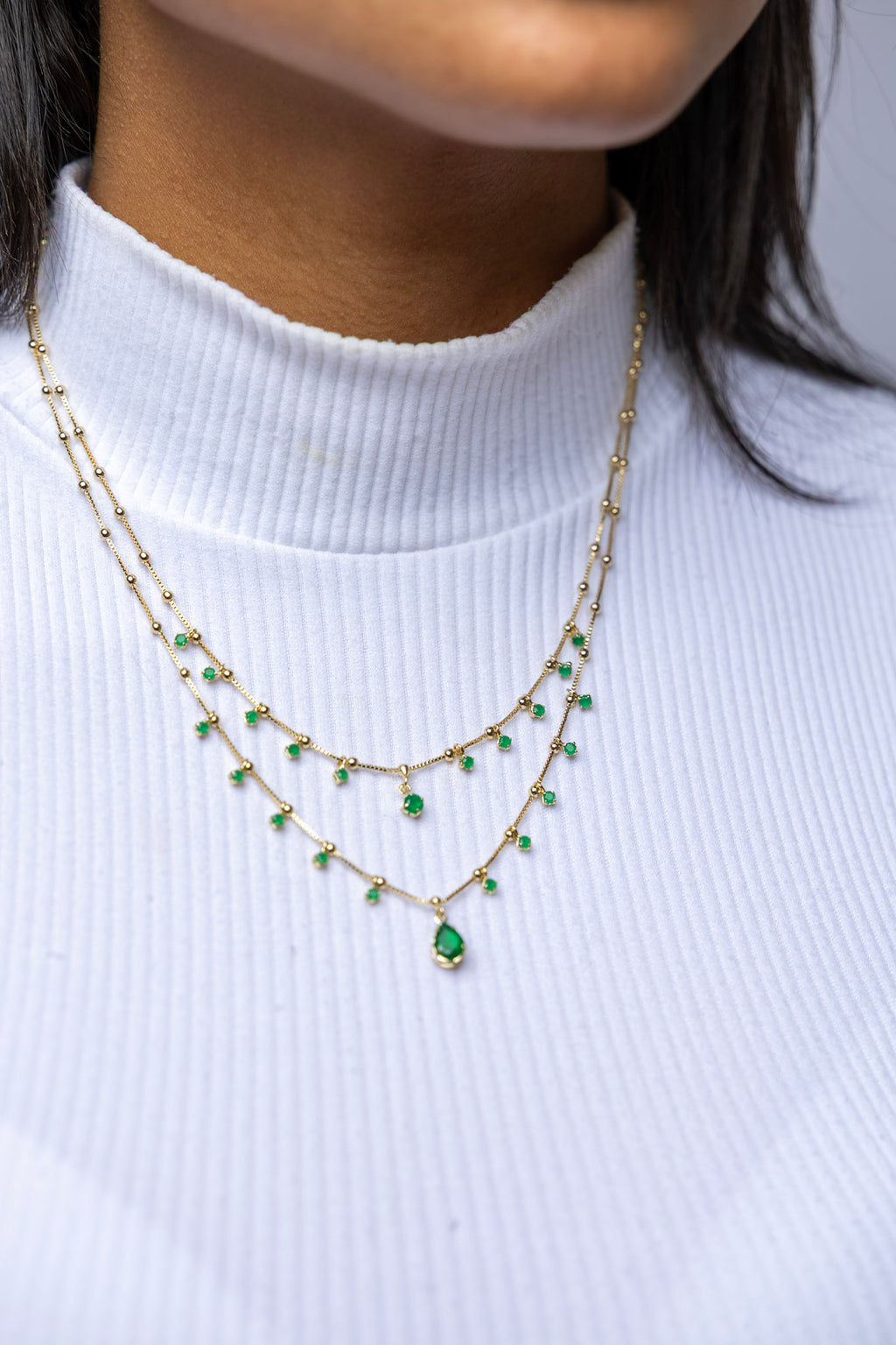 18k Gold Filled Double Teardrop Emerald Necklace – Elegant, Sparkling & Handcrafted in Brazil