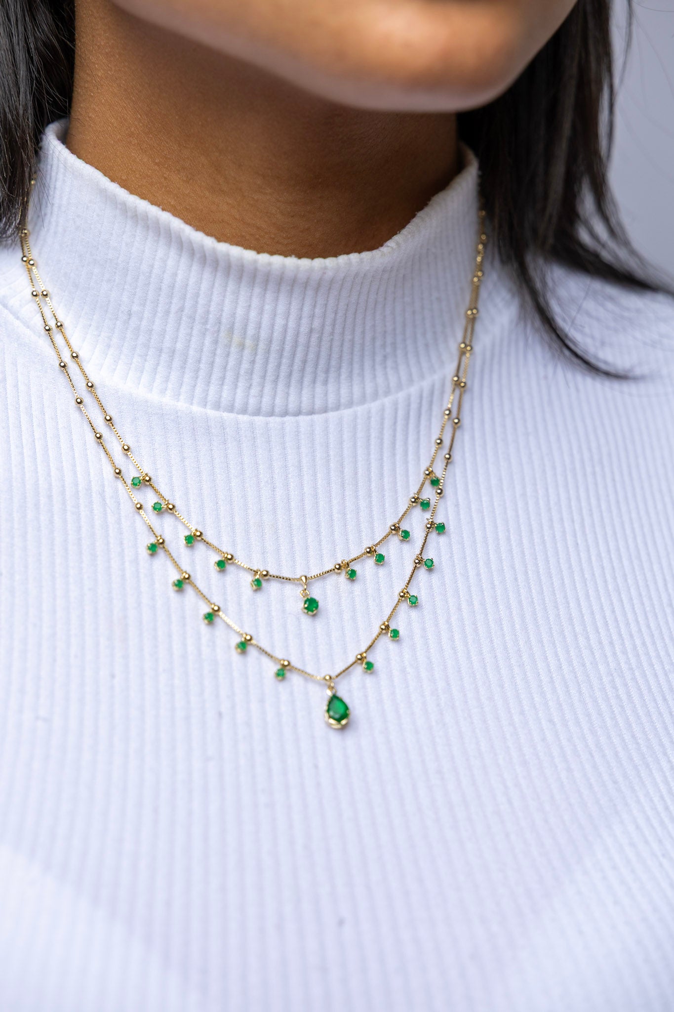 18k Gold Filled Double Teardrop Emerald Necklace – Elegant, Sparkling & Handcrafted in Brazil