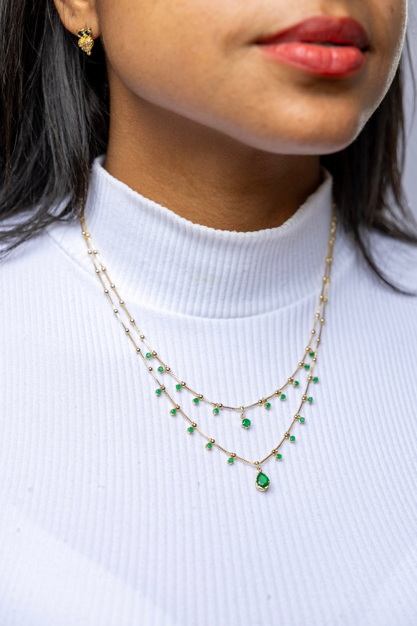 18k Gold Filled Double Teardrop Emerald Necklace – Elegant, Sparkling & Handcrafted in Brazil