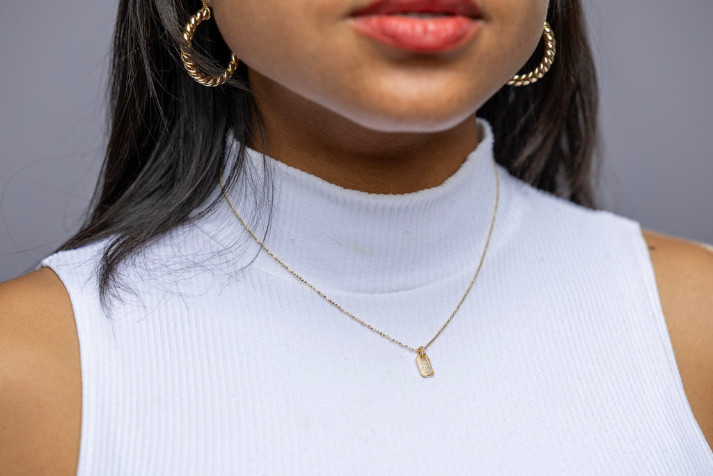 18k Gold Filled Mini Dog Tag Necklace with Micro CZ Stones – Elegant, Minimalist & Handcrafted in Brazil