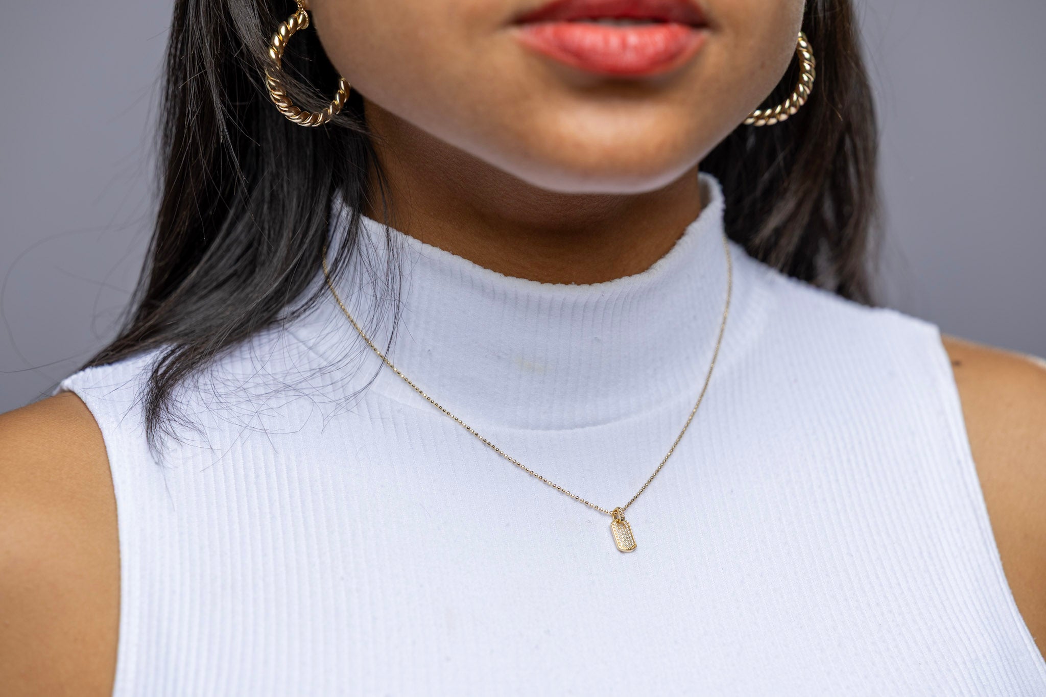 18k Gold Filled Mini Dog Tag Necklace with Micro CZ Stones – Elegant, Minimalist & Handcrafted in Brazil