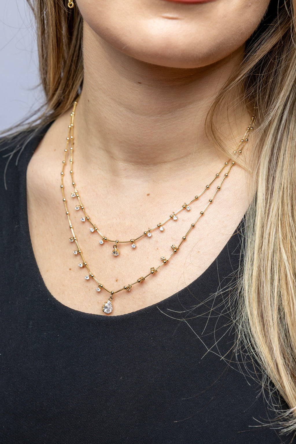 CAMi 18k Gold Filled Double Teardrop Clear Necklace – Elegant, Sparkling & Handcrafted in Brazil