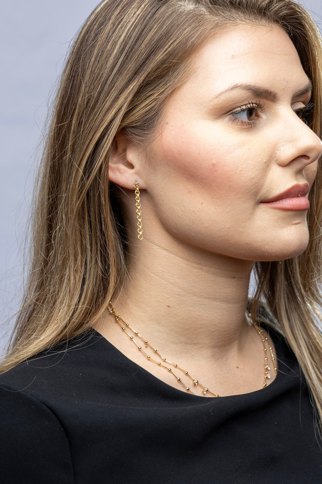 CAMi 18k Gold Filled Double Rolo Chain Dangle Earrings with CZ Stud – Elegant, Modern & Handcrafted in Brazil