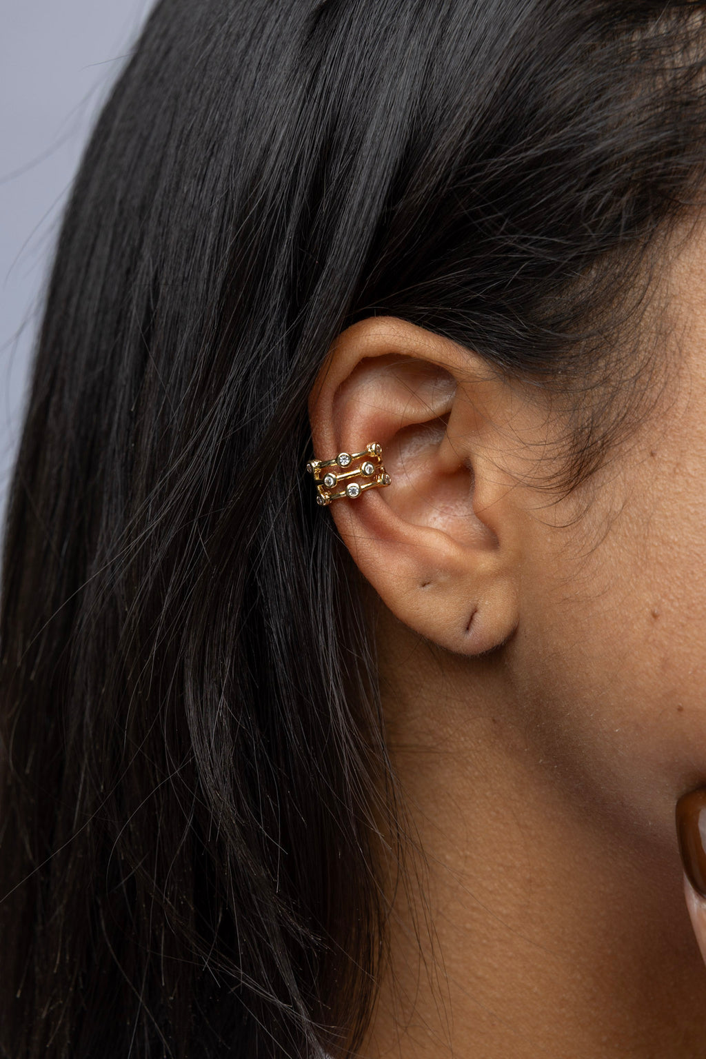 18k Gold Filled 3-in-1 Spaced Bezel Cubic Zirconia Ear Cuff – Modern, Sparkling & Piercing-Free