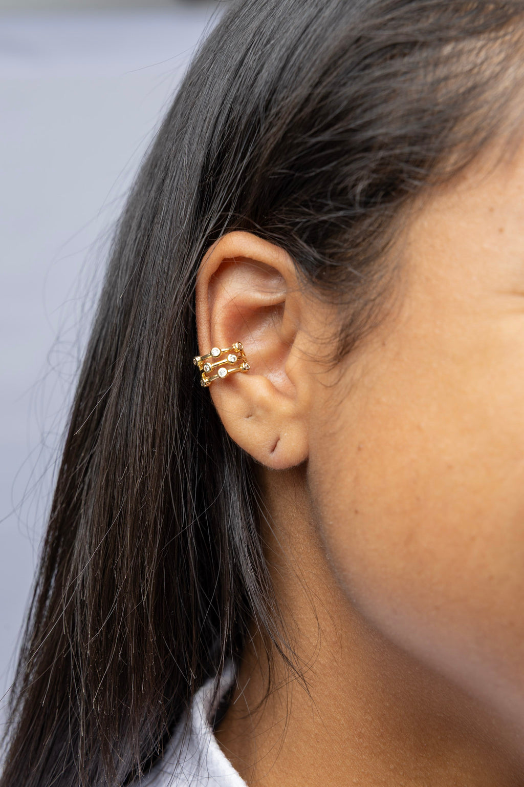 18k Gold Filled 3-in-1 Spaced Bezel Cubic Zirconia Ear Cuff – Modern, Sparkling & Piercing-Free