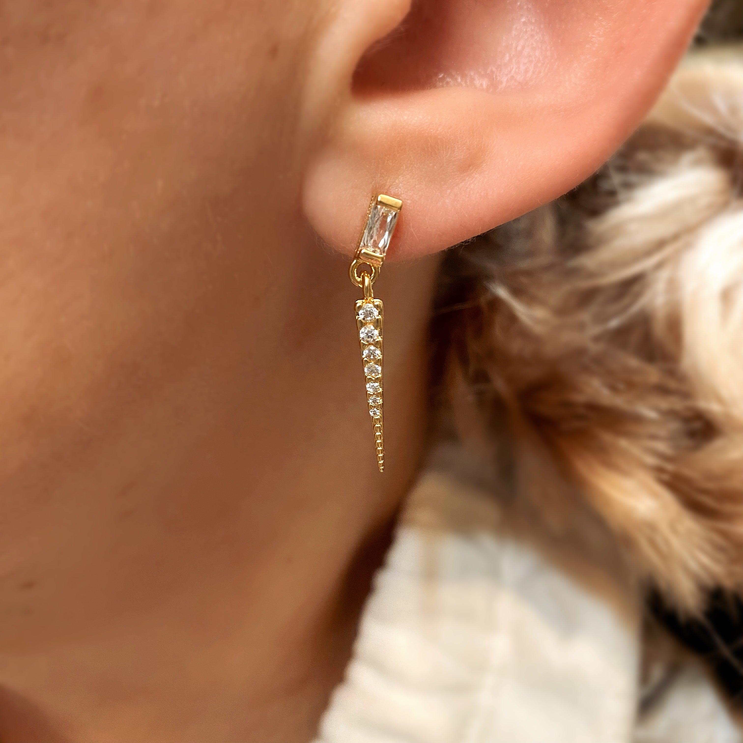 GoldFi 18k Gold Filled Earrings Featuring Baguette Cubic Zircon With Spike Drop