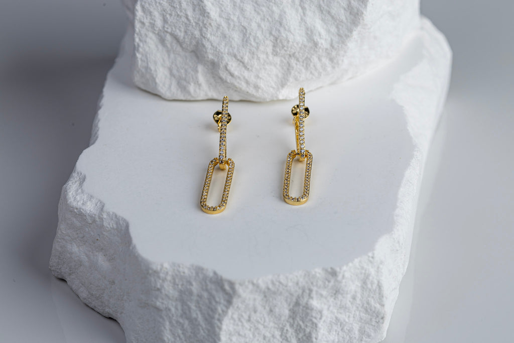 CAMi 18k Gold Filled CZ Paperclip Drop Earrings – Modern, Elegant & Sparkling