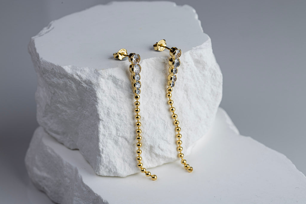 CAMi 18k Gold Filled CZ and Beads Gradient Drop Earrings – Elegant, Unique & Eye-Catching