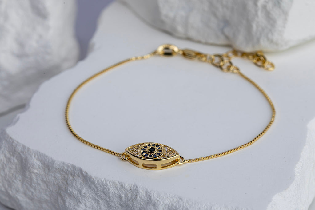 18k Gold Filled Evil Eye Bracelet with Sapphire & Clear CZ – Protective, Elegant & Handcrafted in Brazil