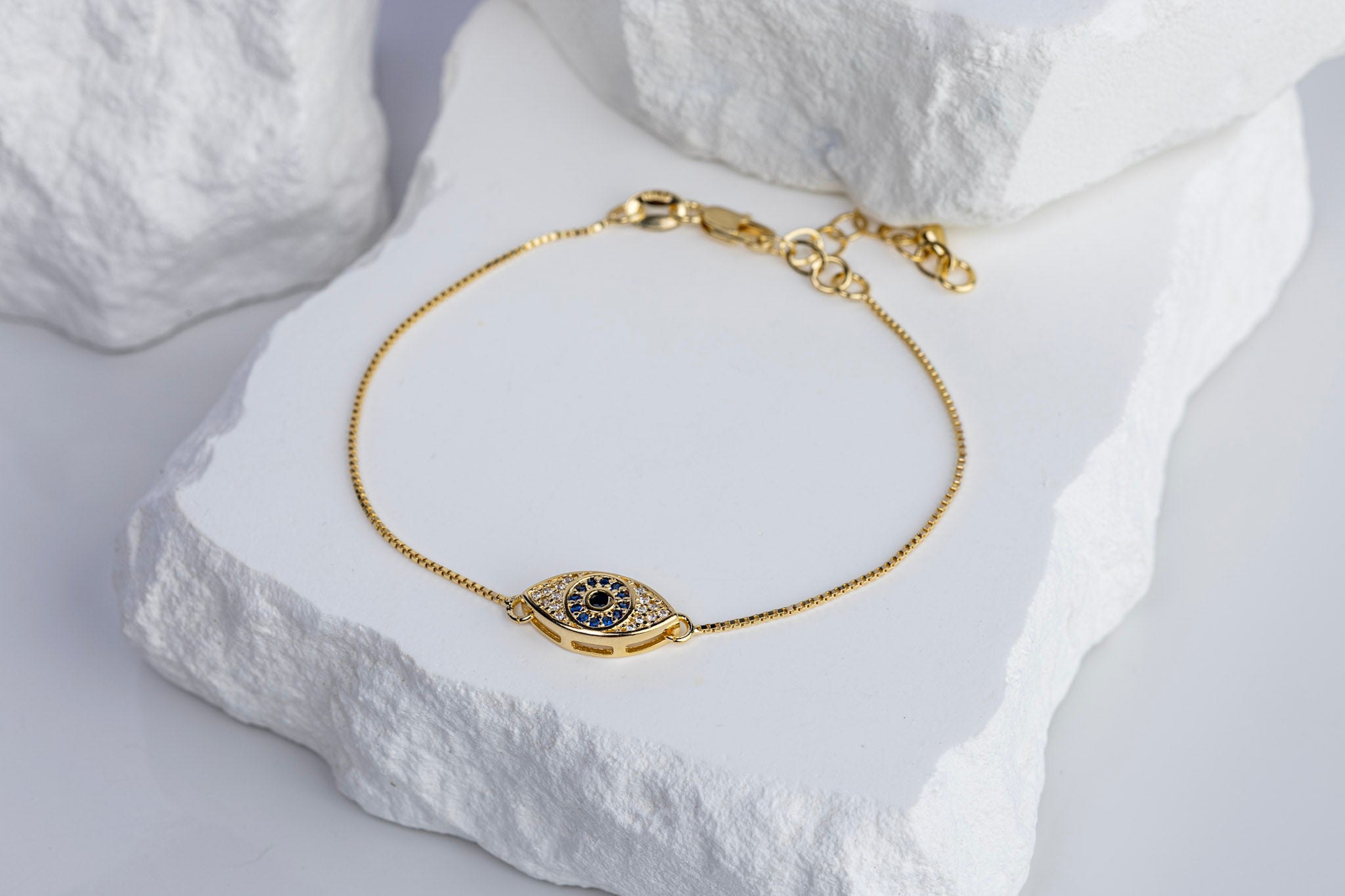 18k Gold Filled Evil Eye Bracelet with Sapphire & Clear CZ – Protective, Elegant & Handcrafted in Brazil