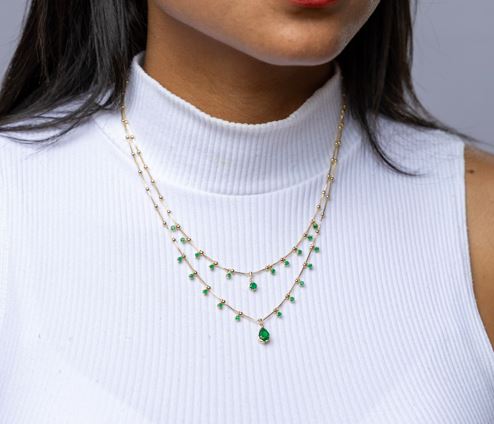 18k Gold Filled Double Teardrop Emerald Necklace – Elegant, Sparkling & Handcrafted in Brazil